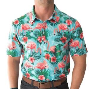 Yatta Golf Polo “Pau Hana” Teal Flamingo Floral | Men’s Size Large